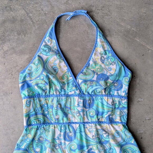 Vintage New York & Company Blue Paisleypais Swirl Halter Neck Mini Dress size 14 - Picture 3 of 8